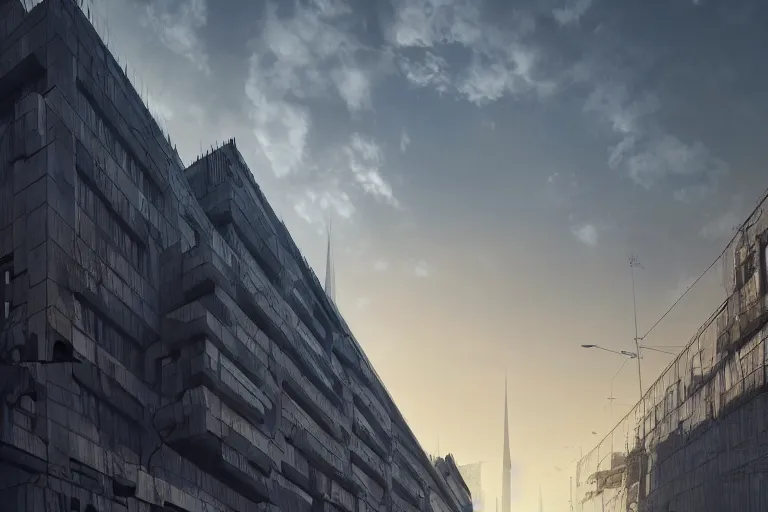 Image similar to streetscape, a towering cathedral of brutalist architecture, buildings covered with greebles, stunning volumetric light, sunset, metal, concrete and translucent material, stunning skies, majestic landscape, trending on Artstation, 8k, photorealistic, hyper detailed, unreal engine 5, IMAX quality, cinematic, epic lighting, in the style of Greg Rutkowski