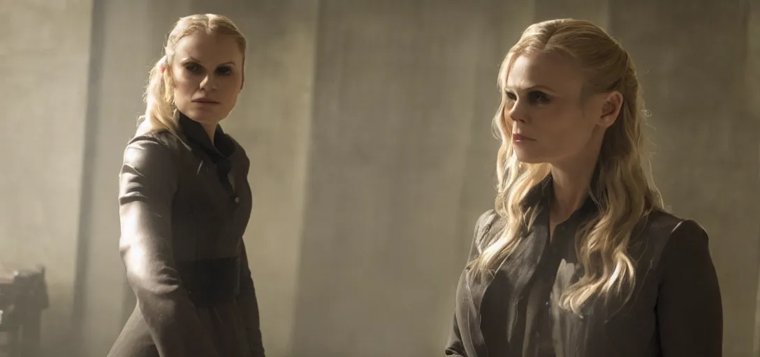 Prompt: a still of Anna Paquin as Dolores in Westworld tv series
