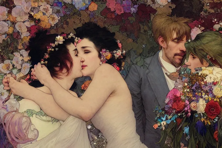 Image similar to the groom kisses the bride at a wedding full of flowers, bright and happy, dreamlike art, highly detail, 4 k realistic, wedding photoy krenz cushart. artem demura. alphonse mucha. yoji shinkawa artgerm. jon lothian. danilo torres. adi meyers. thomas reimann. gaston bussiere.