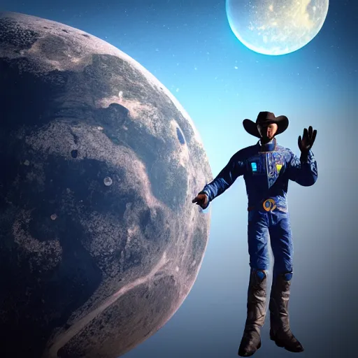 Image similar to apollo 8 cowboy earthrise cowboy in cowboy space, octane render, blender render, unreal engine, 3 5 mm, cowboy, with earth in rising in the sky in the background