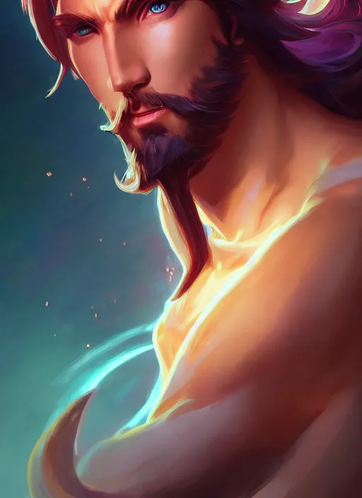 Image similar to handsome lux fortune from league of legends, half body shot, path traced, realistic, highly detailed, high quality, digital painting, hd, alena aenami, lilia alvarado, shinji aramaki, karol bak, alphonse mucha, tom bagshaw