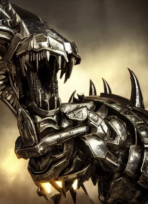 Image similar to hyper realistic glorious ancient wargreymon in a obsidian metal armor, futuristic design, designed by makoto kobayashi and luca zampriolo, portrait, cyberpunk style, wood and gold details, intricate, extremely detailed, ornate, deep of field, hard surface, exoskeleton, substance designer metal unreal engine, very detailed.