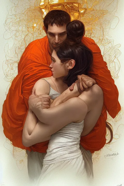 Image similar to portrait of tinfoil hat man in orange t - shirt hugging from behind his wife in a bed, feelings, romantic, fantasy, intricate, elegant, highly detailed, digital painting, artstation, concept art, smooth, sharp focus, illustration, art by artgerm and greg rutkowski and alphonse mucha