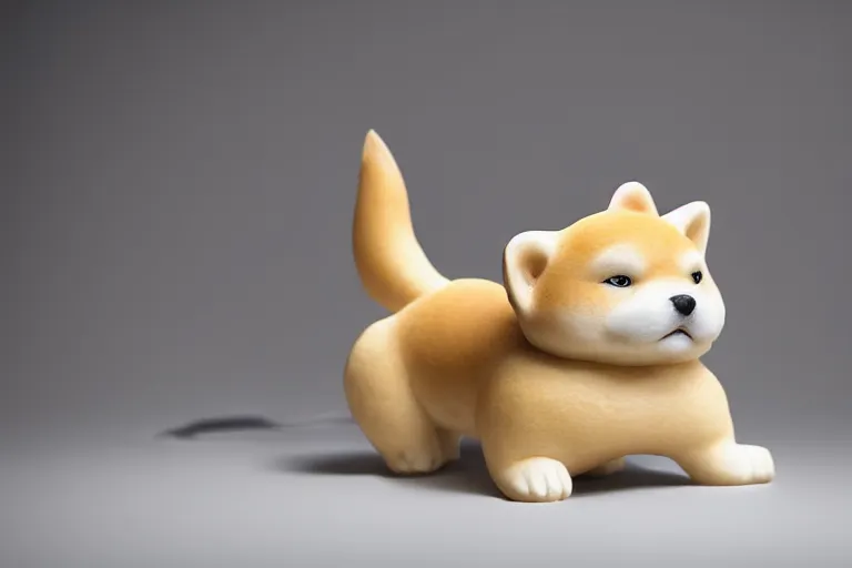 Image similar to a very beautiful intricately shaped organic sculpture carved from steamed buns depicting a shiba inu. studio lighting, high resolution, high quality, dark background