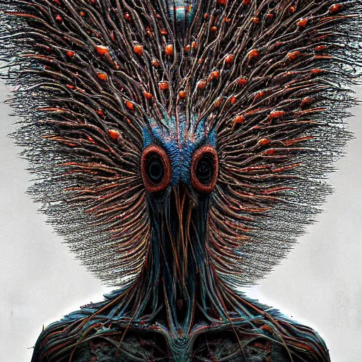 Prompt: horrifying mutant bird made of electricity fused with thousands of birds, thousand heads, mutilated, horror, blood, heavy damage, post apocalyptic, dystopian surrealism, patchwork of colours, zdzisław beksinski, sad atmosphere, volumetric light, style giger, alex ries, symmetry accurate features, symmetry accurate features, very intricate details, high resolution, intricate