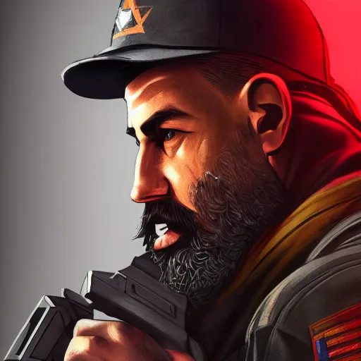 Image similar to a portrait of a Kaid from Rainbow Six Siege, ,operator, military , game concept art, illustration, HDR, natural light, shoulder level shot, dynamic pose, award winning photograph, Mucha style, 8k,