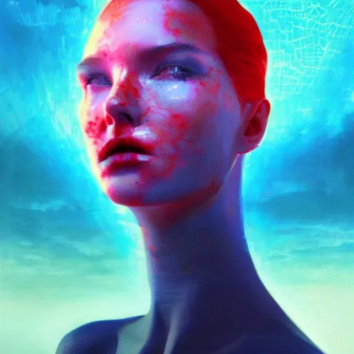 Prompt: 3 d, sci - fi, morning, sleepy fashion model face, sun, neon, cinematic, lightning clouds, vogue cover style, poster art, light red and deep blue mood, realistic painting, intricate oil painting, high detail, figurative art, multiple exposure, poster art, 3 d, by tooth wu and wlop and beeple and greg rutkowski