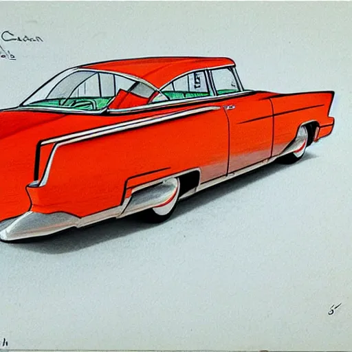 Prompt: a 5 0 s color pencil product design concept drawing of a flying cadillac car model with wings and a thruster on the back