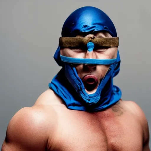 Image similar to muscular wrestler, bald, eyepatch, blue mask covering mouth, realistic,