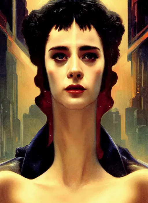 Prompt: movie poster, blade runner, sean young, octane render, highly detailed, digital painting, artstation, concept art, smooth, sharp focus, illustration, art by artgerm and greg rutkowski and alphonse mucha and william - adolphe bouguereau