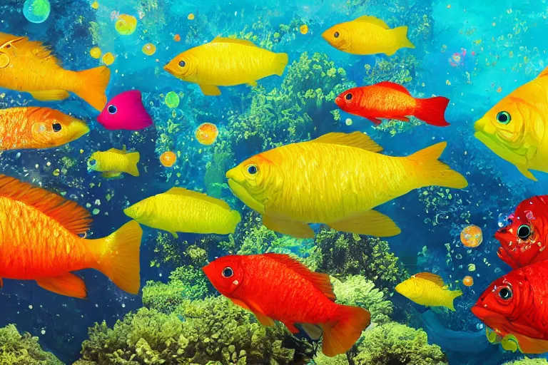 Image similar to ultra realistic underwater photography, panoramic picture of a river with ( subject : a very big exotic brightly coloured fish ). lots of bubbles. wavy, scattered light entering from the water surface, artstation, focus on the fish, extremely hyperrealistic crisply sharp fish, 8 k