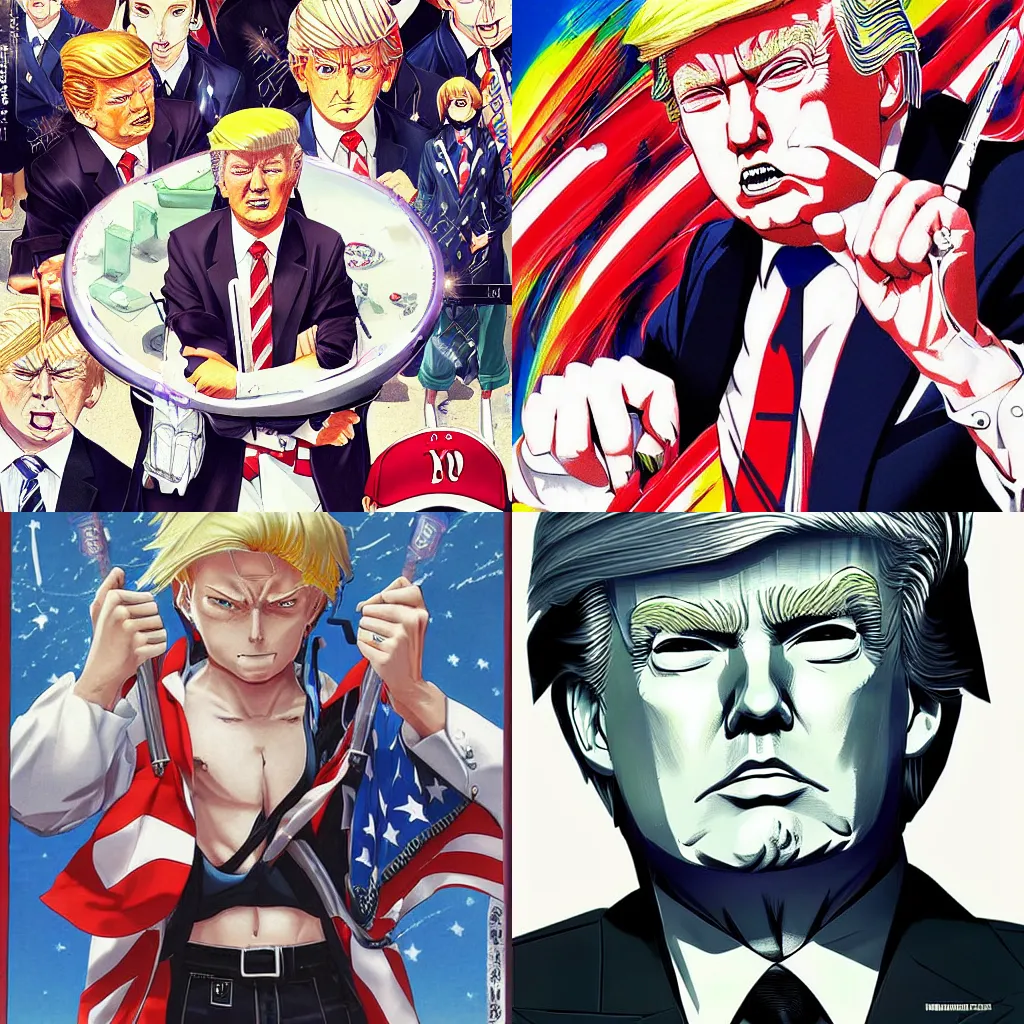 Prompt: highly detailed professional portrait of 9 0 s seinen manga art of badass donald trump, chunibyo. manga cover promotional art. detailed and intricate environment. drawn by ilya kuvshinov