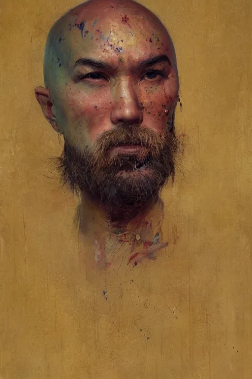 Image similar to creative bald kazakh guy with a short beard, painted by ruan jia, raymond swanland, lawrence alma tadema, zdzislaw beksinski, norman rockwell, jack kirby, tom lovell, alex malveda, greg staples