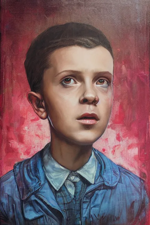 Prompt: Eleven from Stranger things by Tim Okamura, character