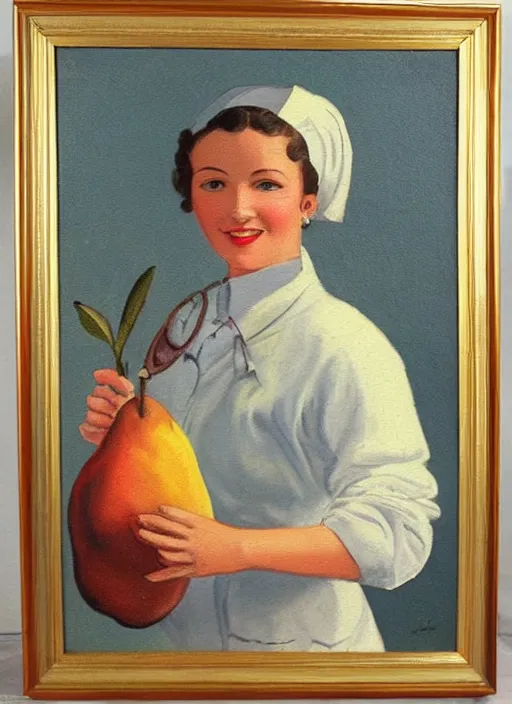 Image similar to vintage beautiful painting of a nurse holding a pear