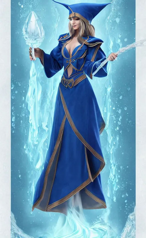 Image similar to elf female sorcerer doing water magic spells, blue robes, exquisite details, full body character design on a white background, by studio muti