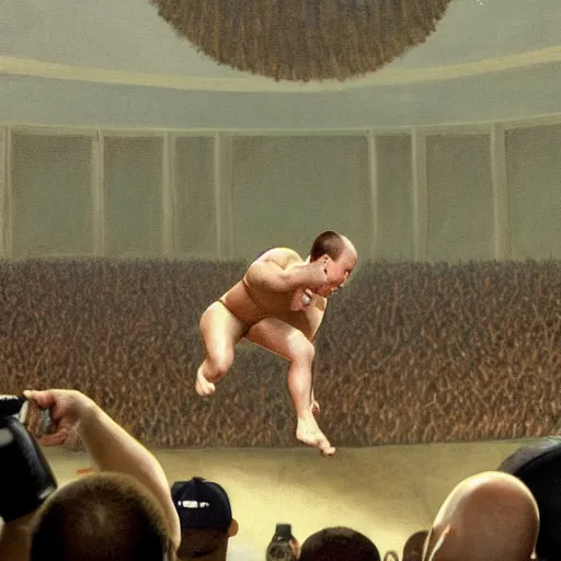 Prompt: pro wrestler Jeremy The Egg Shelson perform his signature top rope move in the ring, big arena thousands of fans in background, short depth of focus painted by Carravagio
