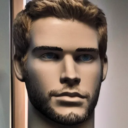 Image similar to “ a realistic detailed photo of a guy who is an attractive humanoid who is half robot and half humanoid, who is a male android, actor liam hemsworth, shiny skin, posing like a statue, blank stare, at the museum, on display ”