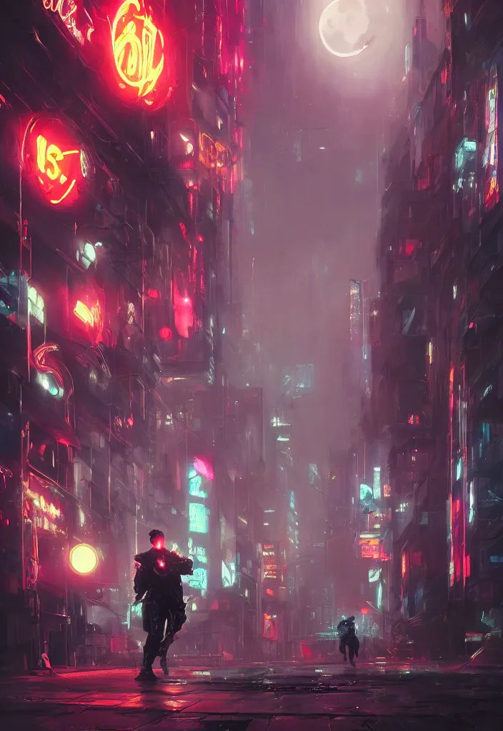 Prompt: an emotional concept painting of a cyberpunk android dancing in the moonlight, neon signs, empty city, large detailed moon, concept painting by Raymond Swanland and Ruan Jia and Greg Rutkowski