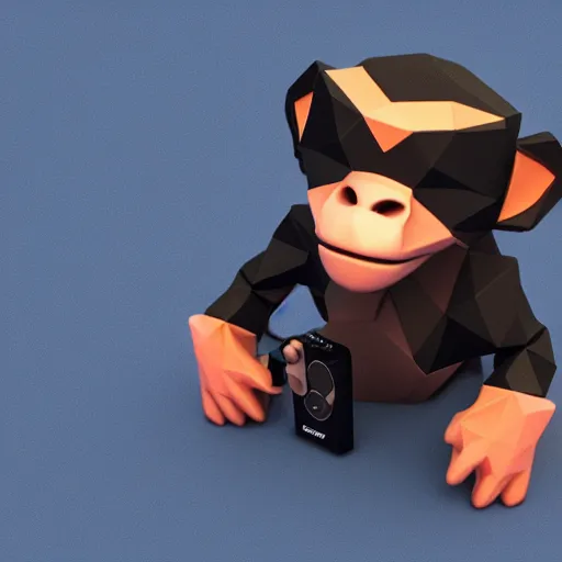 Image similar to an isometric cute 3 d low - poly render of a monkey playing with a sony walkman, soft lighting, unreal engine 5