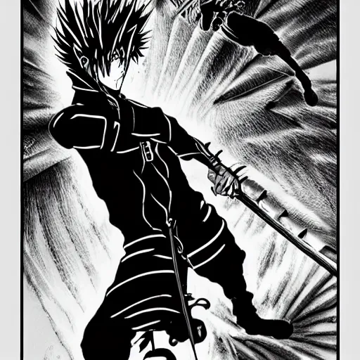 Image similar to pen and ink!!!! attractive 22 year old kakashi Gantz monochrome!!!! Frank Zappa x Daniel Radcliff highly detailed manga Vagabond!!!! telepathic floating magic swordsman!!!! glides through a beautiful!!!!!!! battlefield magic the gathering dramatic esoteric!!!!!! pen and ink!!!!! illustrated in high detail!!!!!!!! graphic novel!!!!!!!!! by Hiroya Oku!!!!!!!!! MTG!!! award winning!!!! full closeup portrait!!!!! action manga panel