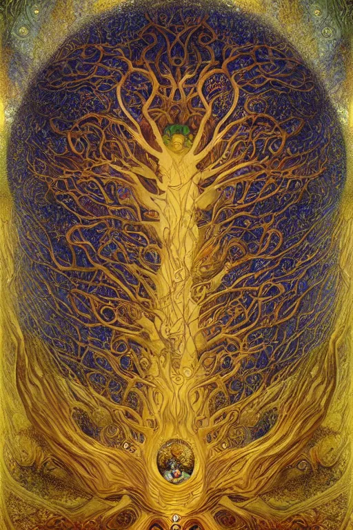 Prompt: Tree of Life by Karol Bak, Jean Deville, Gustav Klimt, and Vincent Van Gogh, mysterious, sacred geometry, Surreality, radiant halo, colorful jeweled leaves, otherworldly, enigma, fractal structures, celestial, arcane, ornate gilded medieval icon, third eye, spirals