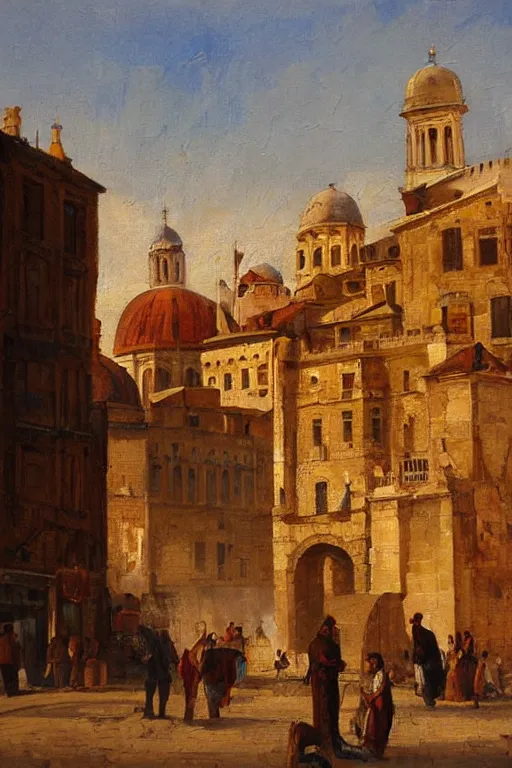 Image similar to painting of view of old European city with mix of middle eastern architecture fusion, photoreal, sunset light, painting by Charles Leickert , old master painting