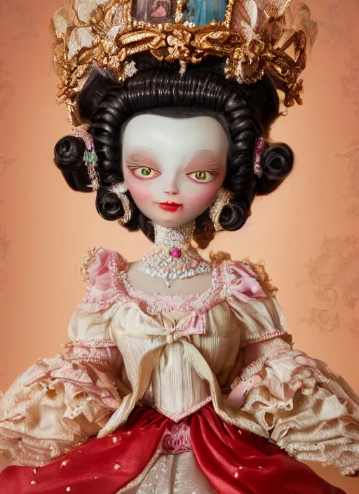 Image similar to closeup profile portrait of tin toy marie antoinette wearing a crown, bikini, depth of field, zeiss lens, detailed, symmetrical, centered, fashion photoshoot, by nicoletta ceccoli, mark ryden, lostfish, breathtaking, 8 k resolution, extremely detailed, beautiful, establishing shot, artistic, hyperrealistic, octane render