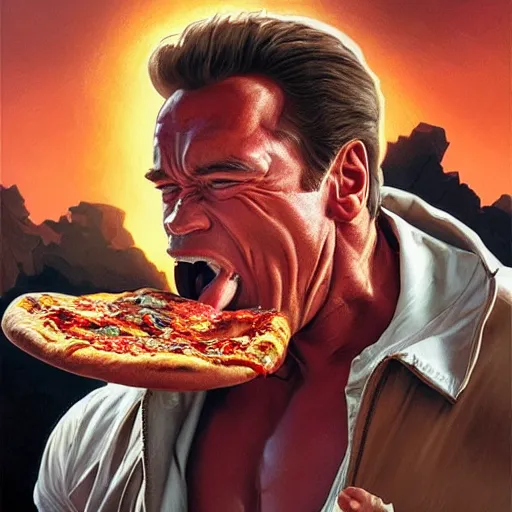 Image similar to portrait of arnold schwarzenegger opening his mouth to eat pizza, highly detailed, digital painting, artstation, concept art, sharp focus, illustration, art by artgerm and greg rutkowski and alphonse mucha