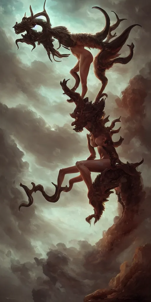 Image similar to partial ecorche female centaur demon with scoliosis and curved horns and fiery eyes on a pedestal, upshot, dramatic cinematography, volumetric lighting, dark curly hair, by peter mohrbacher, smoke, slime, dark