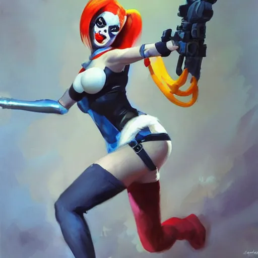 Prompt: greg manchess portrait painting of harley quinn as overwatch character, medium shot, asymmetrical, profile picture, organic painting, sunny day, matte painting, bold shapes, hard edges, street art, trending on artstation, by huang guangjian and gil elvgren and sachin teng