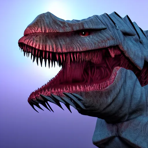 Image similar to Realistic, high quality photograph of a angry, demonic T-Rex dinosaur standing in the distance in the style of devilcore, gorecore, 3D render, blender render, realistic skin, twilight, glows, detailed, studio quality, HD image,