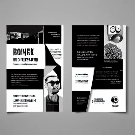 Image similar to square shaped contemporary flyer design for a freelance graphic designer, layout design, black and white colour palette, industrial punk, IP, template layout