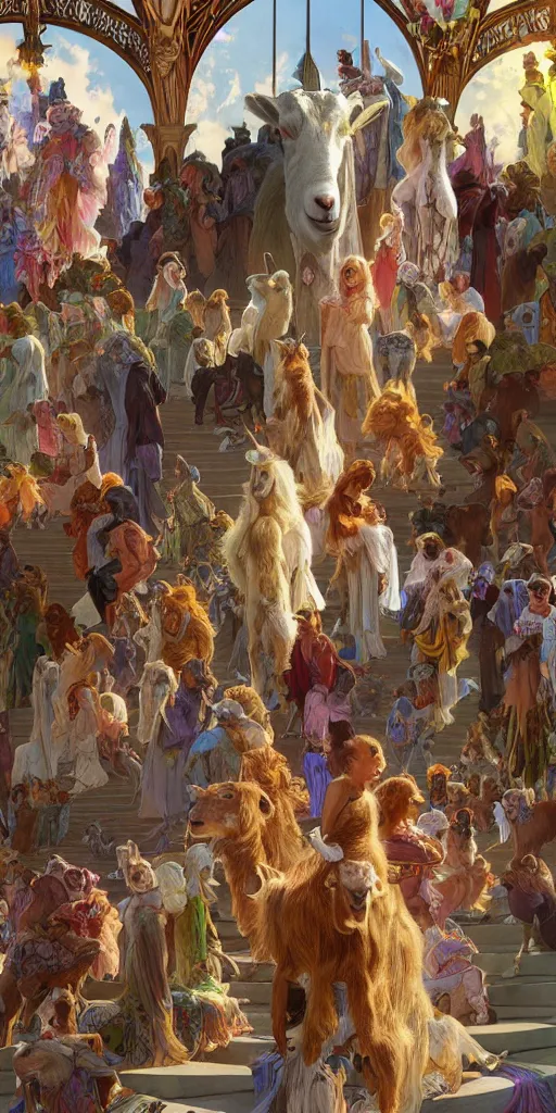 Image similar to a herd of goats! on stairs in a beautiful fantasy cathedral, epic, grandiose, many goats, magic, tall towers, gorgeous clouds, colorful, sunrays, digital painting, landscape, octane render, unreal engine, high detail, very realistic, by alphonse mucha