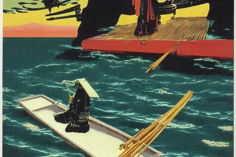 Image similar to 1 9 7 9 omni magazine cover of japanese cormorant fishing near tokyo. art in cyberpunk style by dali, and vincent di fate