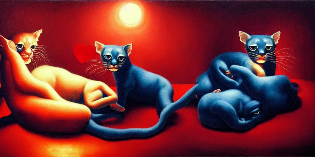 Image similar to ocelots in love, in the style of leonora carrington, gottfried helnwein, intricate composition, blue light by caravaggio, insanely quality, highly detailed, masterpiece, red light, artstation