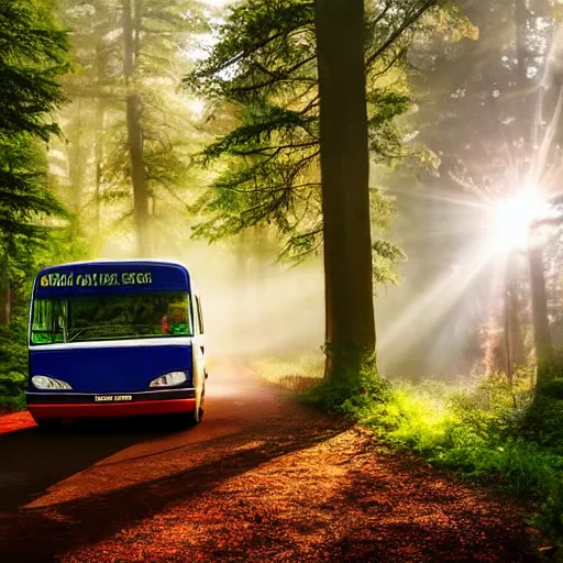 Image similar to big commercial bus with very creative livery in misty forest scene, the sun shining through the trees