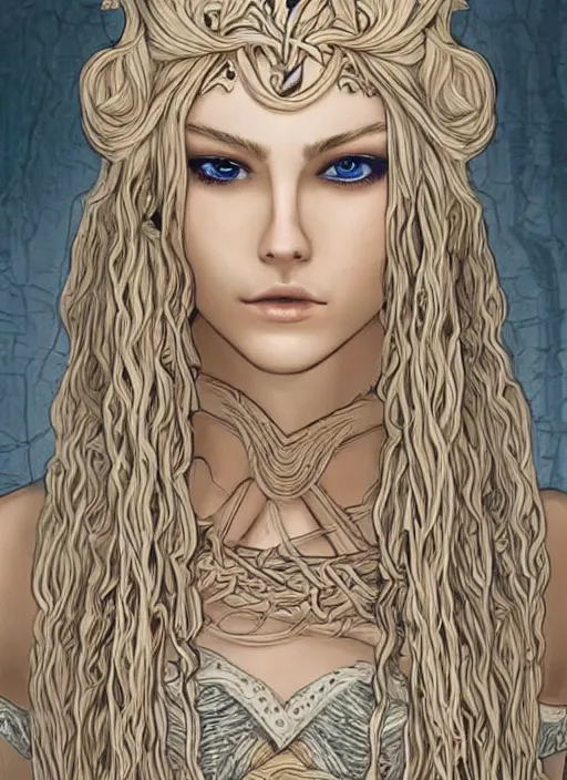 Image similar to beautiful new character concept, d & d, long blond hair, intricate design, symmetry