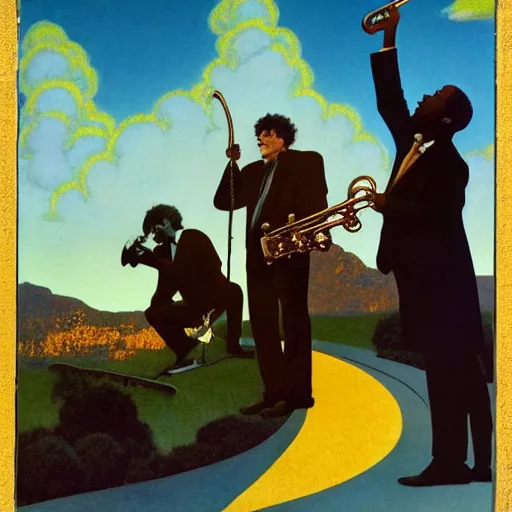 Image similar to Bob Dylan with his guitar and harmonica at the gates of heaven is greeted by Louis Armstrong blowing a trumpet by Maxfield Parrish and Glen Rutkowski and Raphael
