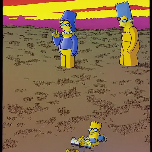 Image similar to the simpsons wandering the desert by moebius jean giraud