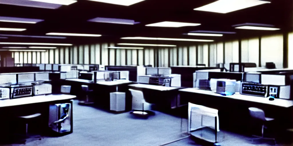 Image similar to a large 1970's computing room with 9-track machines and glowing screens. by IBM by Amdahl.