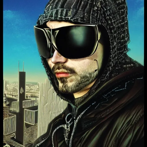 Prompt: surrealist portrait of a hooded cyberpunk character wearing high-tech sunglasses with digital ui, by Rembrandt, WLOP, and Gerald Brom, glitch art, hacking effects, streetwear, mysterious, cityscape background, illustration, centered, front view, cinematic lighting, 4k, trending on artstation