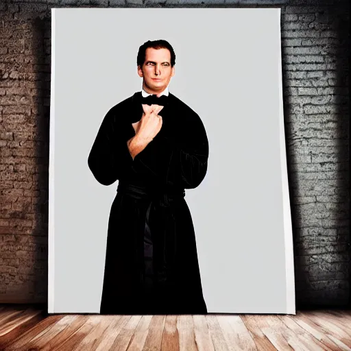 Prompt: patrick bateman wearing black robe and golden necklace cinematic photoshoot high quality highly affordable photo realistic 8 k hd