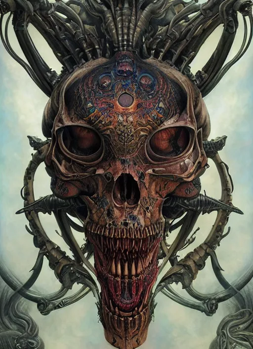 Image similar to hyper detailed masterpiece animal skull alien tattoo warrior by donato giancola and tom bagshaw, face by artgerm and edmund leighton, and h. r. giger, trending on artstation, colorful, psychedelic aesthetic, ornate, background by james jean, 8 k, biomechanical, majestic, volumetric lighting, porcelain skin, concept art, sharp focus