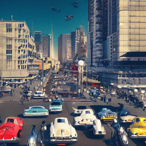 Image similar to street scene, retro futuristic vintage shiny polished traffic mainly cars and motorcycles, volumetric lighting, beautiful, day time, spring, sunny weather, sharp focus, highly detailed, photorealistic, 4 0 0 0 k, f 1. 4, cgsociety