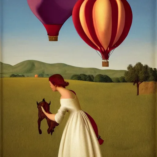 Image similar to a girl and her horse enjoy a hot-air balloon show by Raphael, Hopper, and Rene Magritte. detailed, romantic, enchanting, trending on artstation.