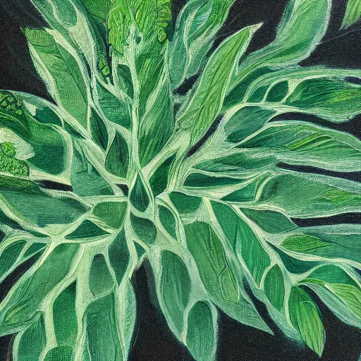 Prompt: an abstract painting of a dark plant sprawling out across a mint green background