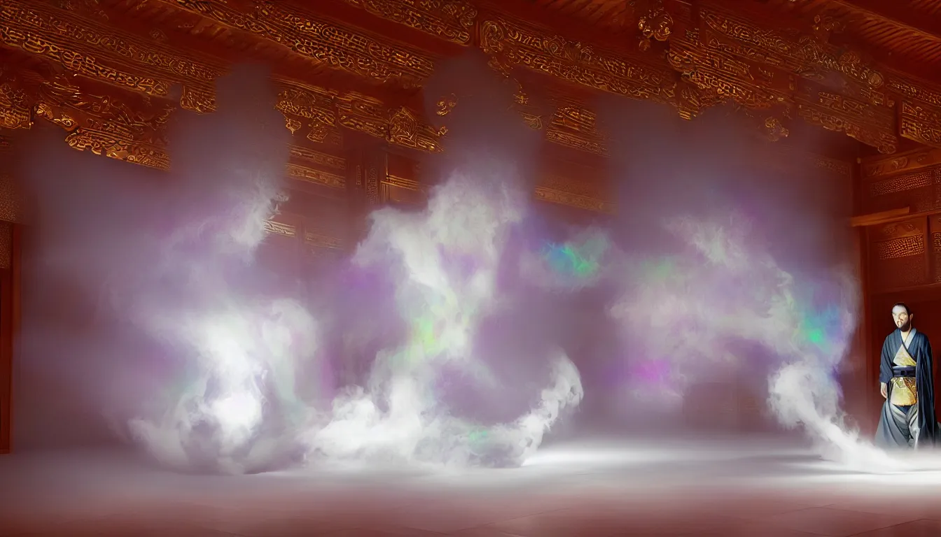 Image similar to feedback loop , burst of powders ,volumetric lighting, twisting vapour, bellowing dust ,flowing shimmering iridescent fabrics, emerging hands and an ancient male bearded face , inside a huge traditional Japanese Royal ornate temple , full colour , upscale , 4k