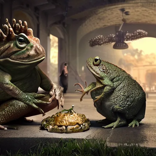 Image similar to Alex Jones and a big toad having a romantic meal, hyper realistic, dynamic pose, high detail, octane render, unreal engine, 8k, fantasy art, highly detailed, dramatic lighting, concept art