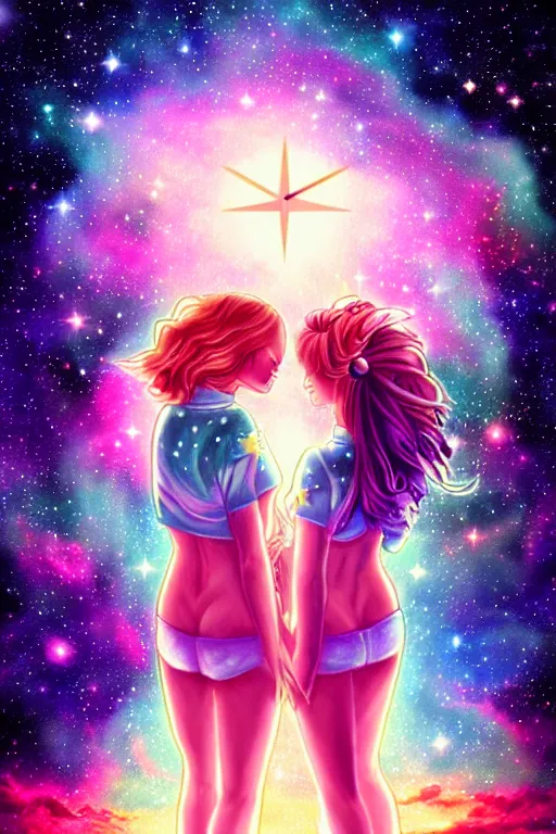 Prompt: masterpiece epic retrowave art, zodiac gemini constellation of white two girls in the starry sky, trending on art station